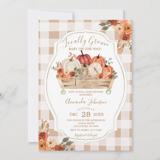 Pumpkin Market lokal Grown Gingham Baby Shower Einladung (Vorderseite)
