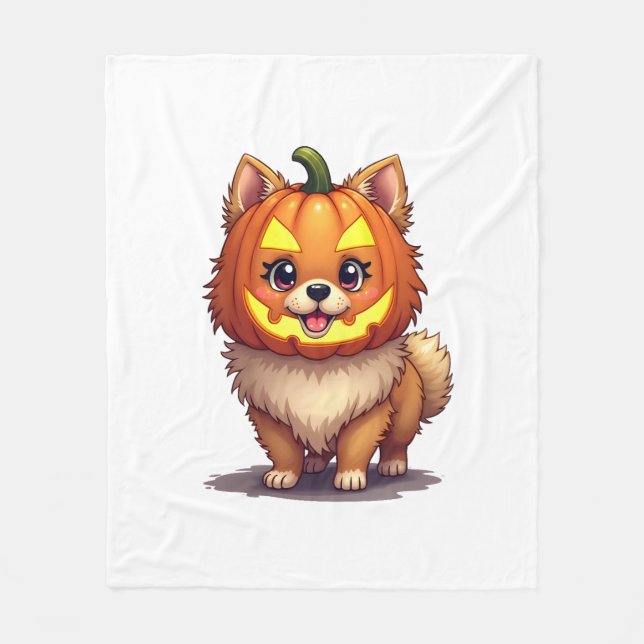Pumpkin Mask Spitz Dog Fleecedecke (Vorderseite)