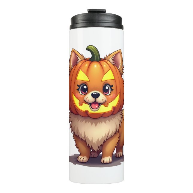 Pumpkin Mask Spitz Dog Thermosbecher (Vorderseite)