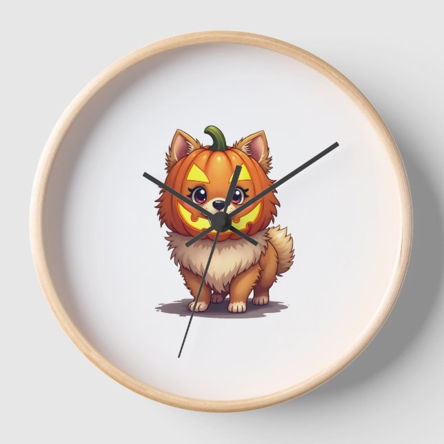 Pumpkin Mask Spitz Dog Uhr (Vorderseite)