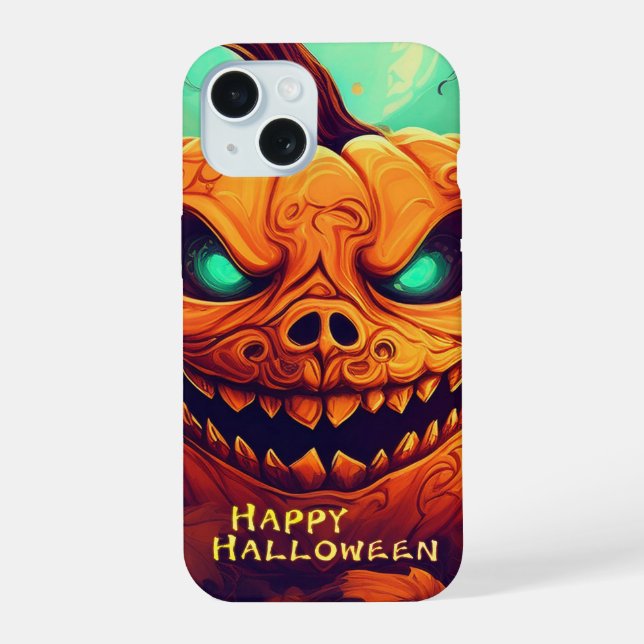Pumpkin mit Beängstigendem Gesicht unter Kerzen, H iPhone 15 Hülle (Rückseite)
