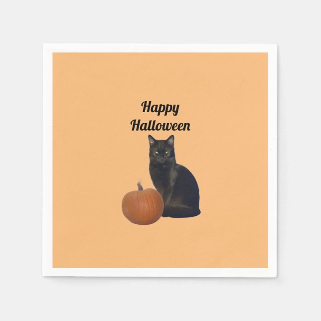 Pumpkin mit Black Cat Happy Halloween Orange Serviette (Vorderseite)
