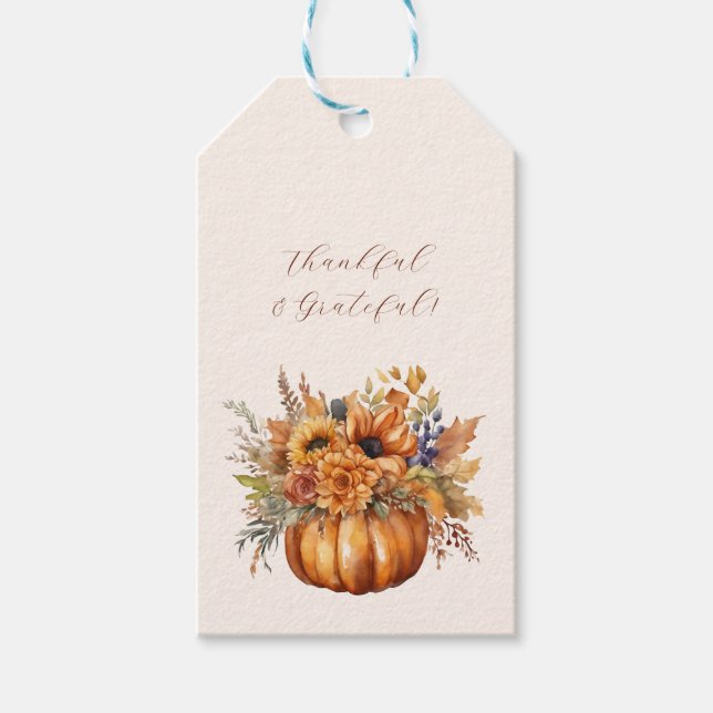 Pumpkin mit Blume dankbar und dankbar Geschenkanhänger (Vorderseite)