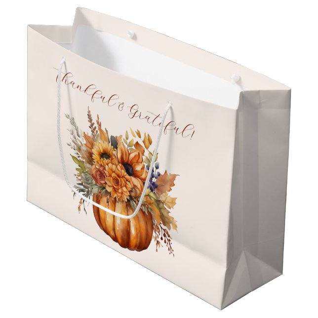 Pumpkin mit Blume- dankbar und dankbar- Große Geschenktüte (Vorderseite Schrägansicht)