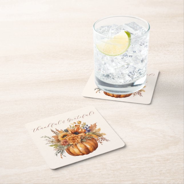 Pumpkin mit Blume dankbar und dankbar- Rechteckiger Pappuntersetzer (Vor Ort)