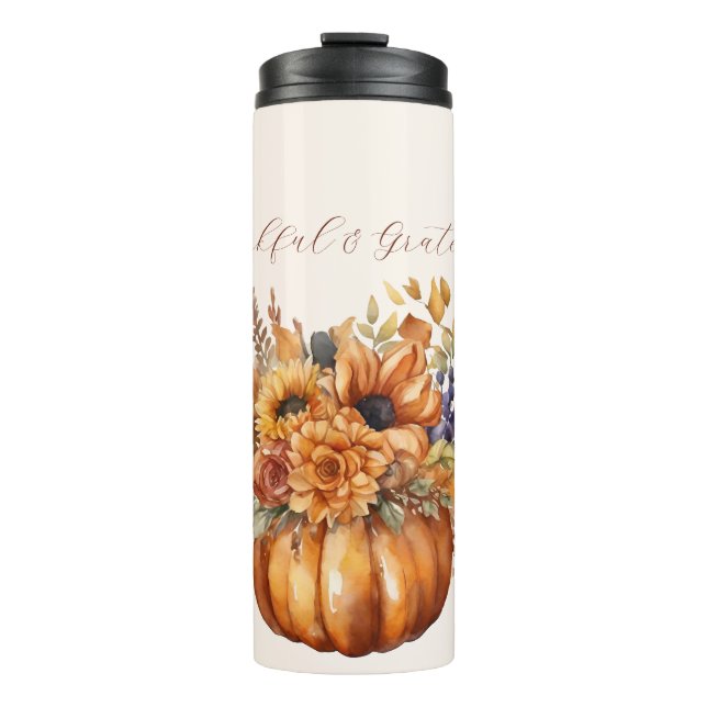 Pumpkin mit Blume- dankbar und dankbar- Thermosbecher (Vorderseite)