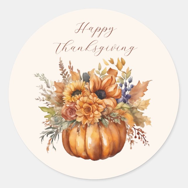 Pumpkin mit Blume-Happy Thanksgiving Runder Aufkleber (Vorderseite)