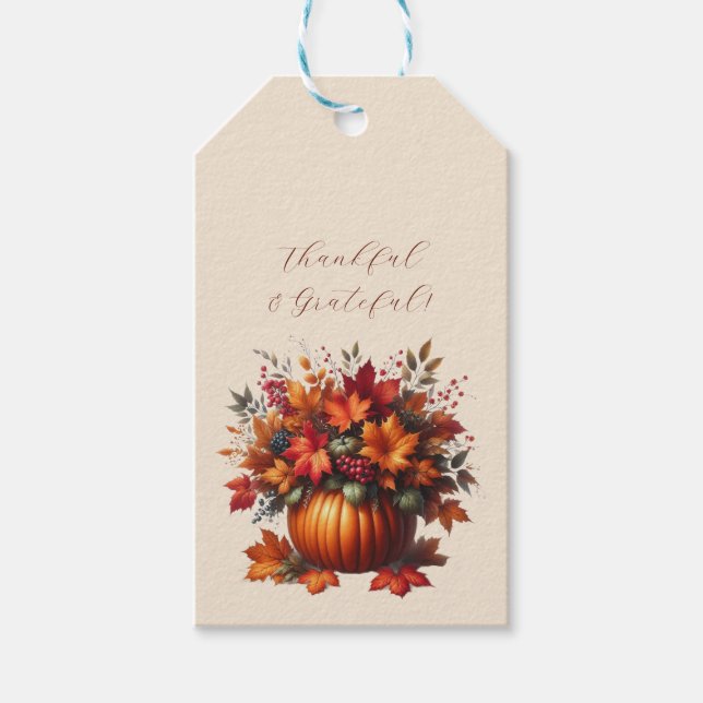 Pumpkin mit Herbstlauben dankbar und dankbar Geschenkanhänger (Vorderseite)
