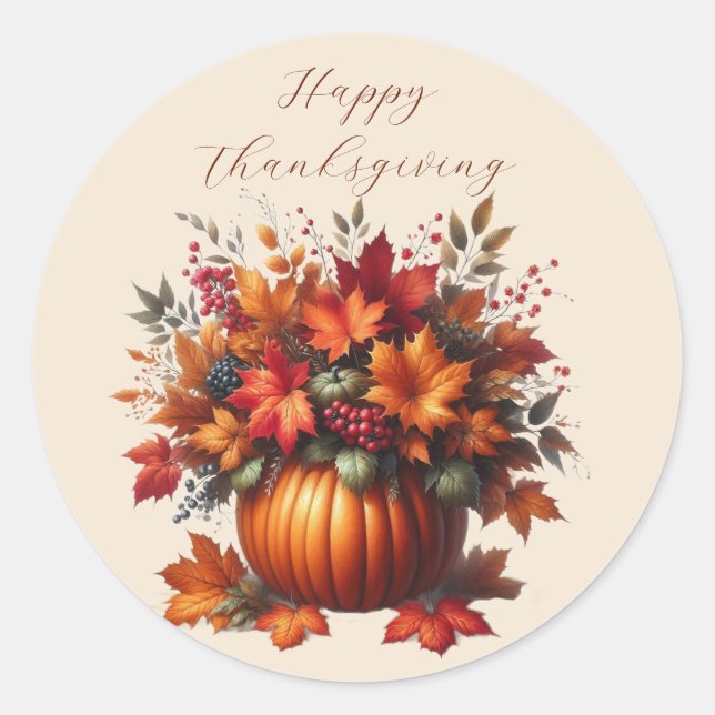 Pumpkin mit Herbstlaubs-Happy Thanksgiving Runder Aufkleber (Vorderseite)
