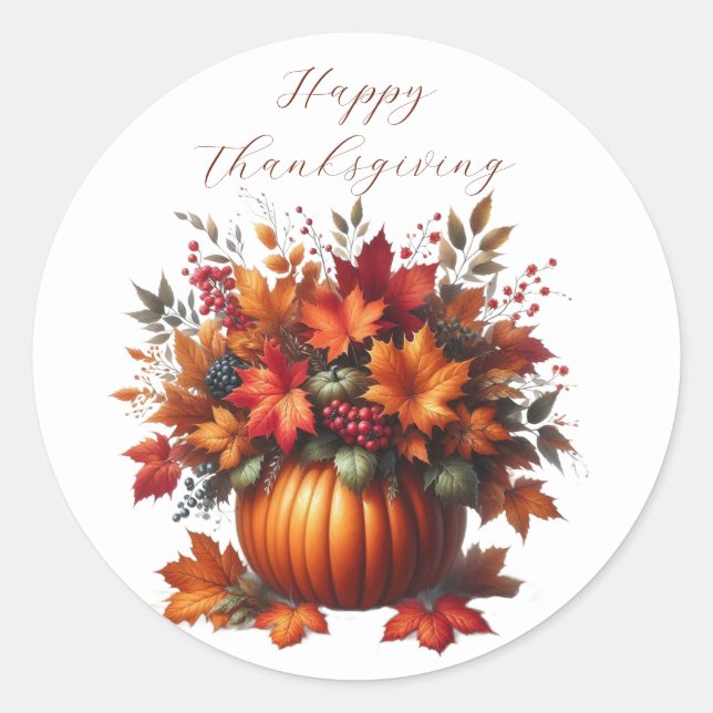 Pumpkin mit Herbstlaubs-Happy Thanksgiving Runder Aufkleber (Vorderseite)