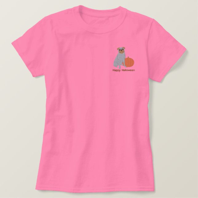 Pumpkin-Mops besticktes Shirt (Long Sleeve) (Design vorne)