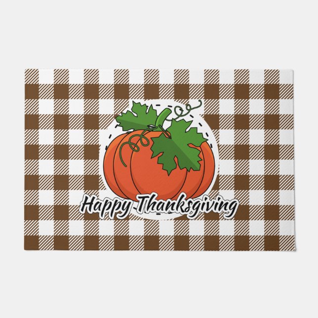 Pumpkin on Brown Kariert - Glückliches Erntedankfe Fußmatte (Vorderseite)