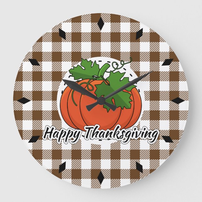 Pumpkin on Brown Kariert - Glückliches Erntedankfe Große Wanduhr (Vorderseite)