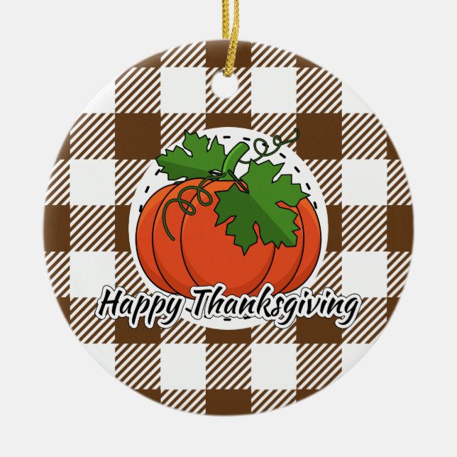 Pumpkin on Brown Kariert - Glückliches Erntedankfe Keramik Ornament (Vorne)