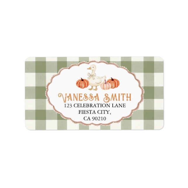 Pumpkin Orange Gingham Albern Gänse Baby Dusche Adressaufkleber (Vorne)