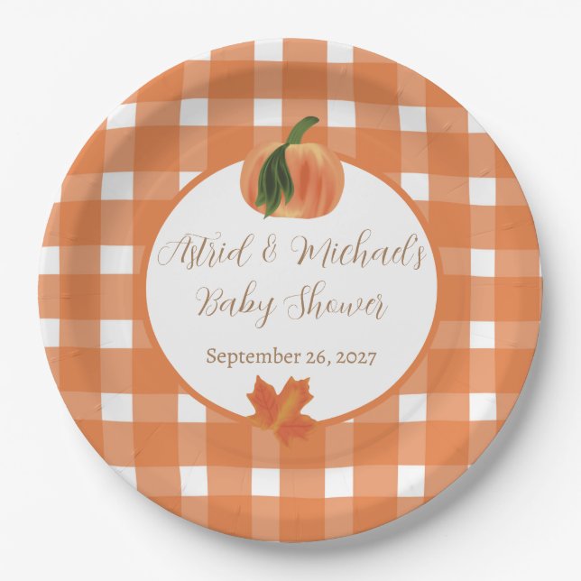 Pumpkin Orange Gingham Fall Baby Dusche Pappteller (Vorderseite)