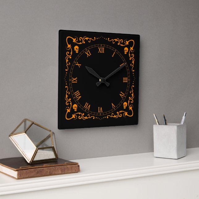 Pumpkin Orange Halloween Magic Border mit Skullen Quadratische Wanduhr (Büro)