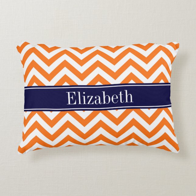Pumpkin Orange LG Zickzack Navy Name Monogram Dekokissen (Vorderseite)