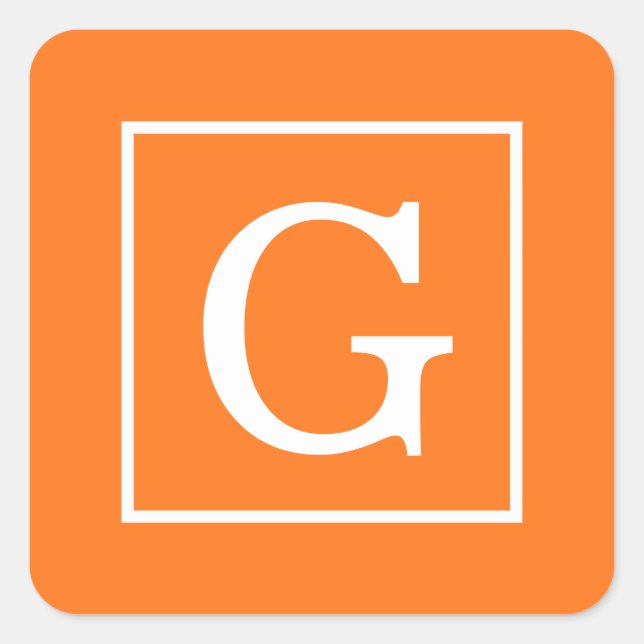 Pumpkin Orange White Gerahmt Initial Monogram Quadratischer Aufkleber (Vorderseite)