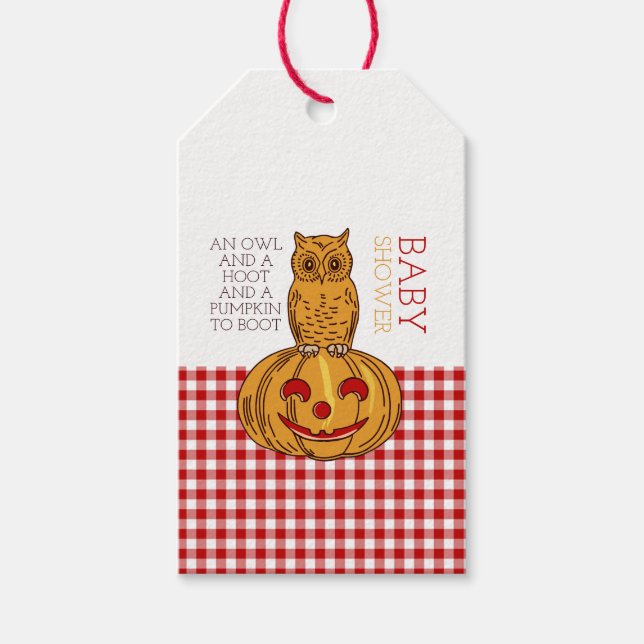 Pumpkin Owl & Gingham Baby Dusche Geschenkanhänger (Vorderseite)