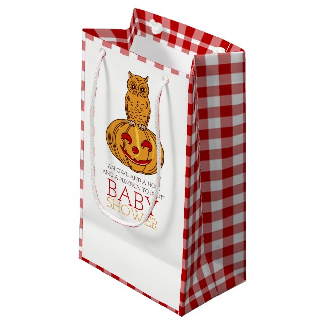 Pumpkin Owl & Gingham Baby Dusche Kleine Geschenktüte (Vorderseite Schrägansicht)