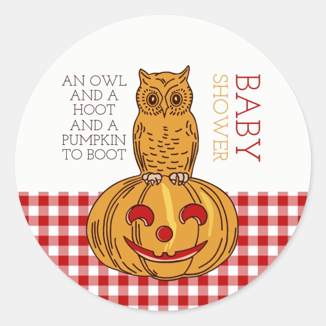 Pumpkin Owl & Gingham Baby Dusche Runder Aufkleber (Vorderseite)