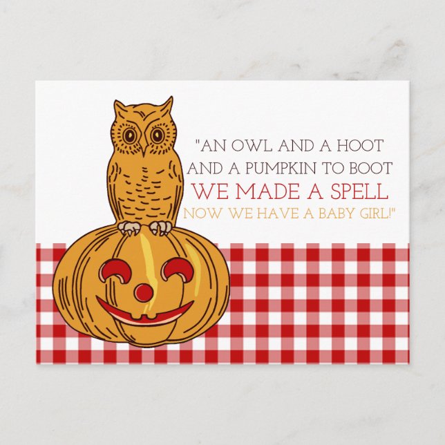 Pumpkin Owl & Gingham Baby Girl Ankündigung (Vorderseite)