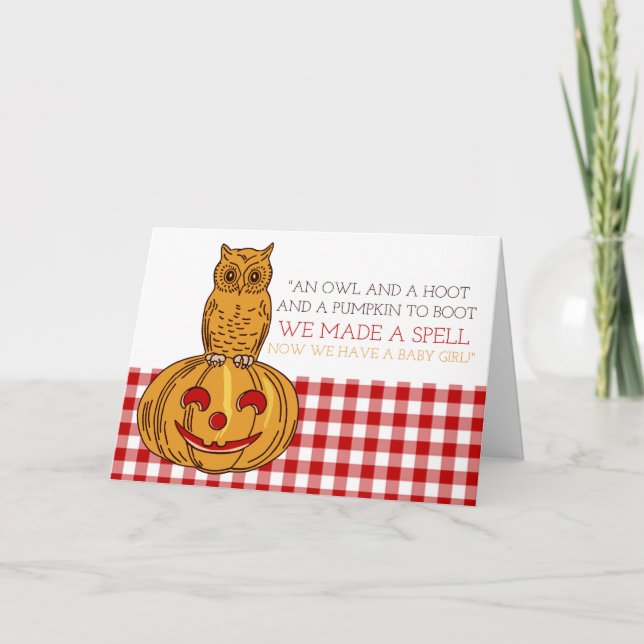 Pumpkin Owl & Gingham Baby Girl Ankündigung (Vorderseite)