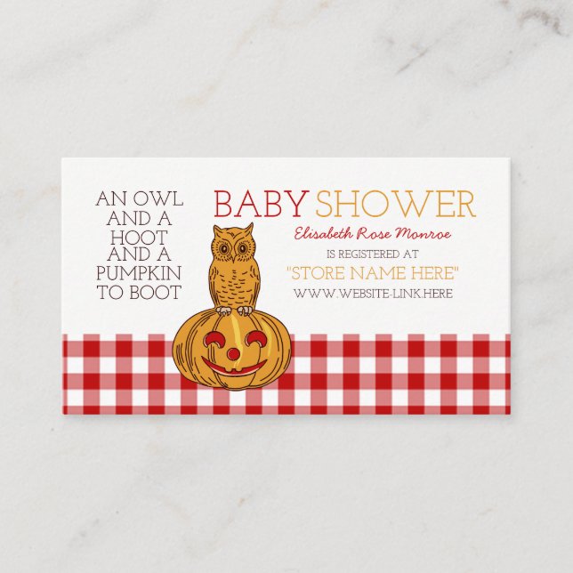 Pumpkin Owl & Gingham Baby Showbüro Begleitkarte (Vorderseite)