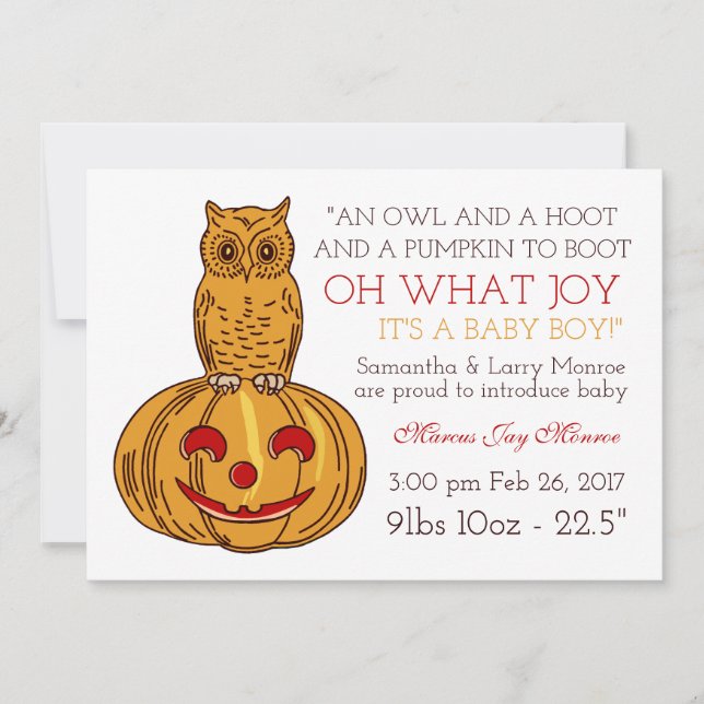 Pumpkin Owl & Gingham Es ist eine Baby Boy Ankündi Ankündigung (Vorderseite)