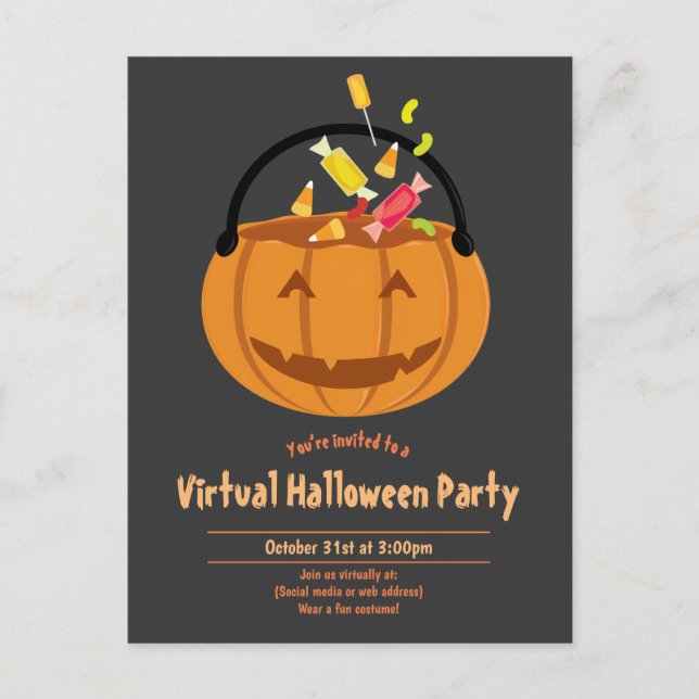 Pumpkin Pail Candy Gray Virtual Halloween-Party Einladungspostkarte (Vorderseite)