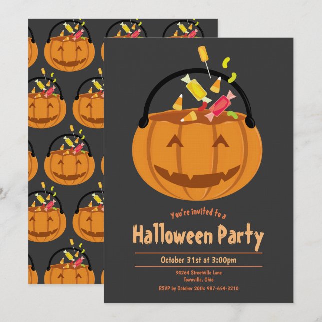 Pumpkin Pail Candy Kid's Halloween-Party Einladung (Vorne/Hinten)