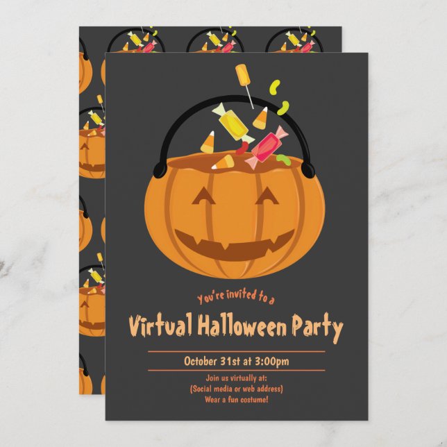 Pumpkin Pail Candy Virtual Halloween-Party Einladung (Vorne/Hinten)