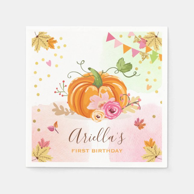 Pumpkin Paper Napkin Fall Birthday Girl Pink Gold Serviette (Vorderseite)