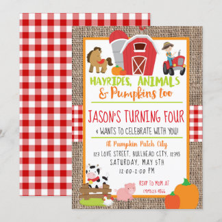 Pumpkin Patch Bauer Boys Red Gingham Birthday Einladung