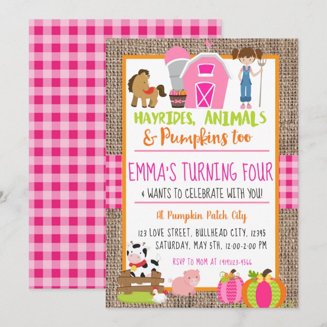 Pumpkin Patch Bauer Girl's Pink Gingham Birthday Einladung (Vorne/Hinten)