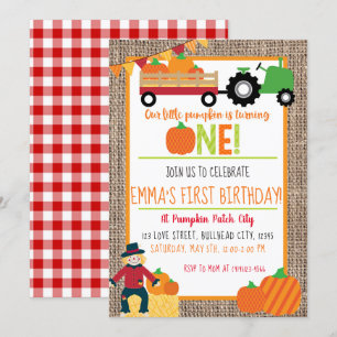 Pumpkin Patch Bauer Red Gingham 1. Geburtstag Einladung