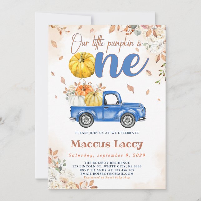 Pumpkin Patch Boy 1st Birthday Blue Truck Einladung (Vorderseite)