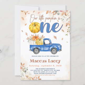 Pumpkin Patch Boy 1st Birthday Blue Truck Einladung
