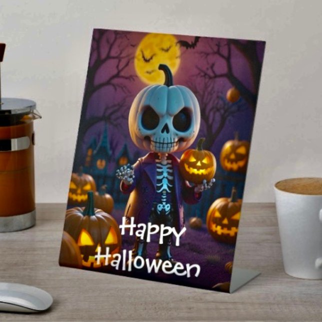 Pumpkin Patch Skeleton Companion Sockelschild (D: 8" x 10" display with 3" pedestal base. Available in 4 sizes.  Made of 1/16" white plastic.
 )
