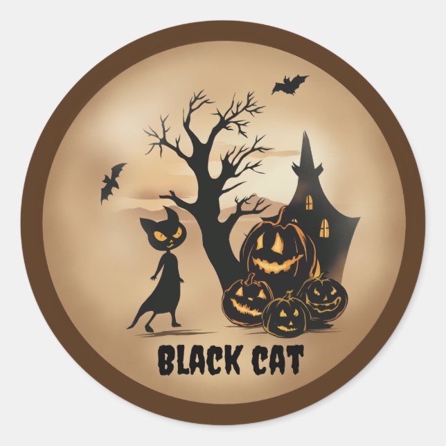 "Pumpkin Patch with a Black Cat" Runder Aufkleber (Vorderseite)