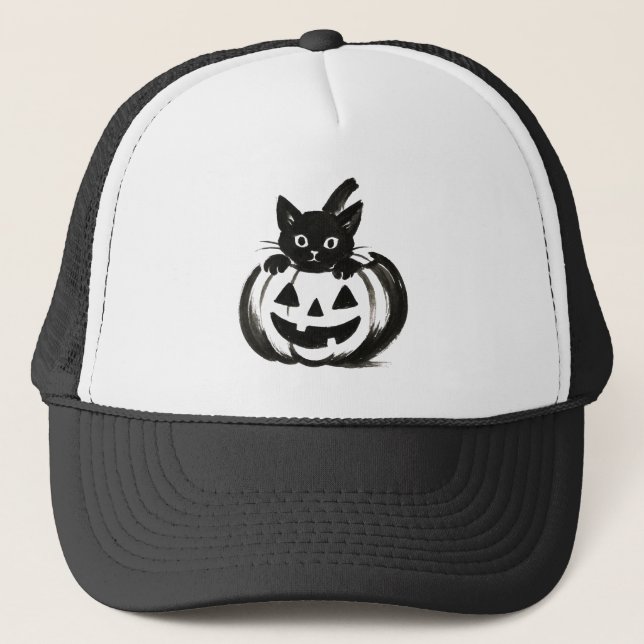 Pumpkin Peek – Black Cat Halloween Design on  Truckerkappe (Vorderseite)