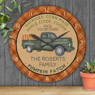 Pumpkin Pflaster Farm Vintag Truck Fall Kariert Ru Runde Wanduhr