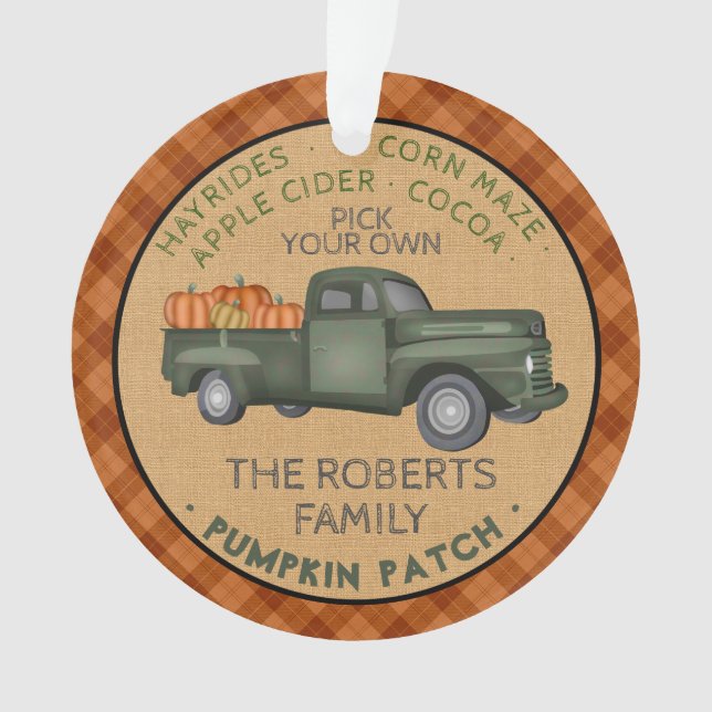 Pumpkin Pflasterfarm Russel Karierter Vintager LKW Ornament (Vorderseite)