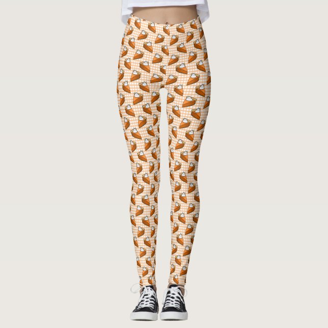 Pumpkin Pie auf Orange Gingham Novelty Erntedank Leggings (Vorderseite)