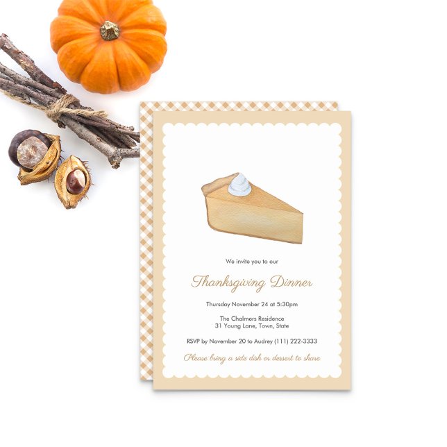Pumpkin Pie Erntedank oder FreundeAbendessen geben Einladung (Watercolor Pumpkin Pie Slice Friendsgiving Or  Thanksgiving Invitation With Scalloped effect border)