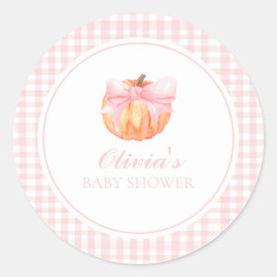 Pumpkin Pink-Bogen und Gingham-Babydusche Runder Aufkleber