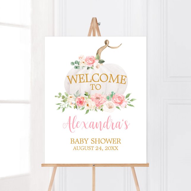 Pumpkin Pink Floral Baby Dusche Willkommen Poster (Girl Fall A Little Pumpkin Baby Shower Welcome Sign)