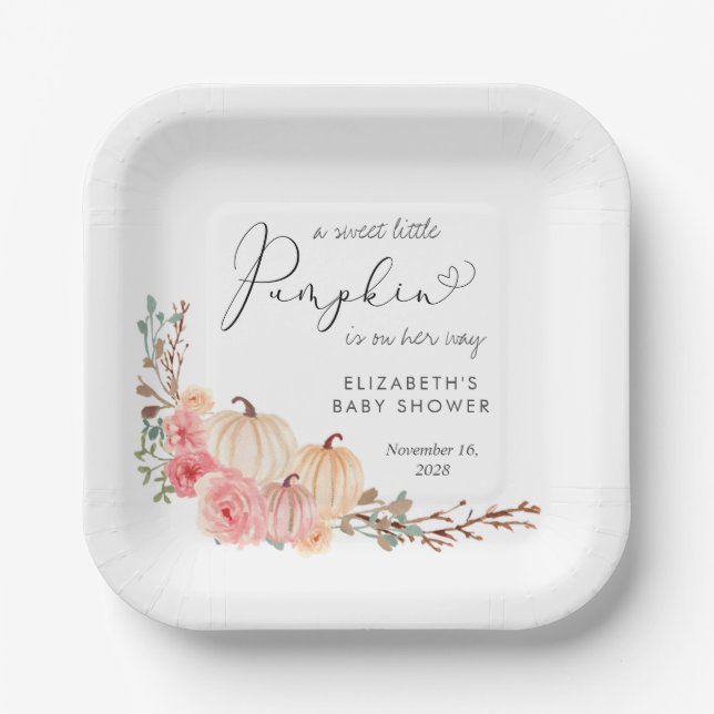 Pumpkin Pink Floral Girl Babydusche Pappteller (Vorderseite)