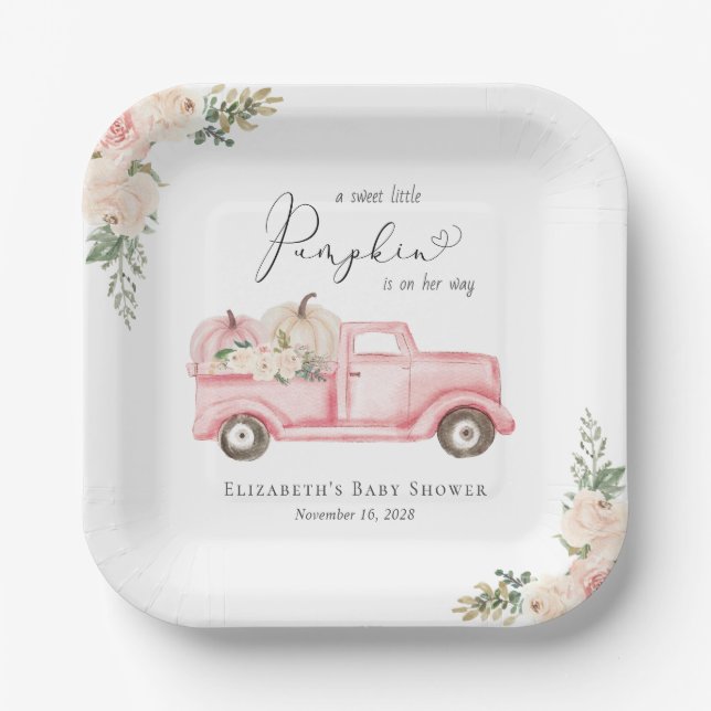 Pumpkin Pink Floral Truck Baby Girl Dusche Pappteller (Vorderseite)